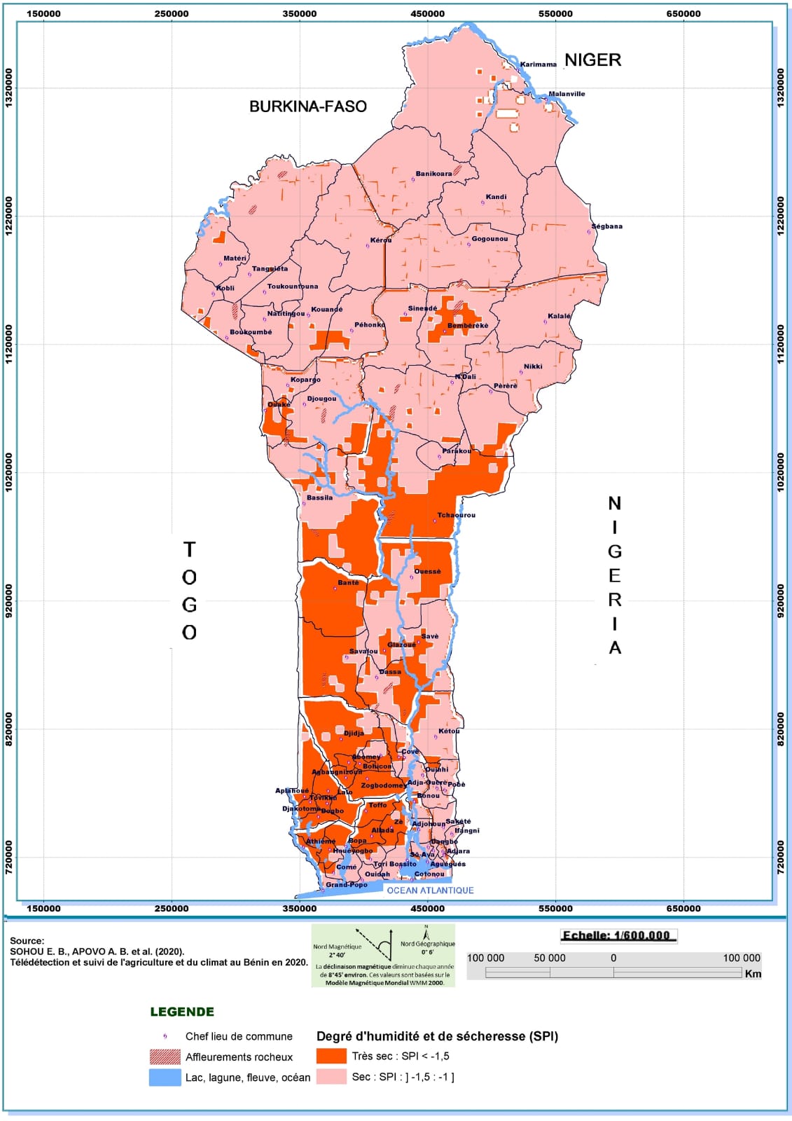 Distribution spatiale du degré d'humidité et de sécheresse en République du Bénin